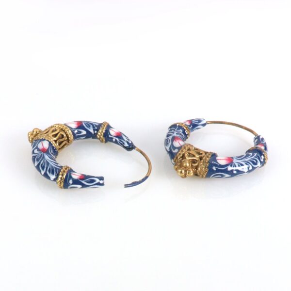 Blue Enamel Gold plated Bali earrings - Image 2