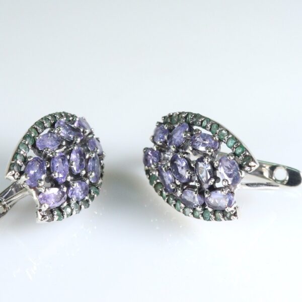 Tanzanite & Emerald Hoop style Silver earrings - Image 2