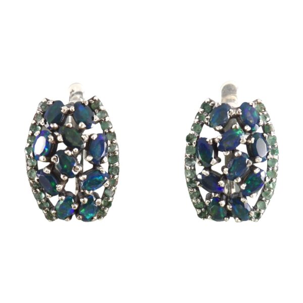 Black Opal & Emerald Hoop style Silver earrings - Image 1