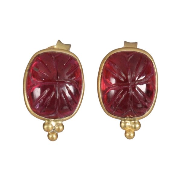 Red carved stone Gold plated stud earrings - Image 1