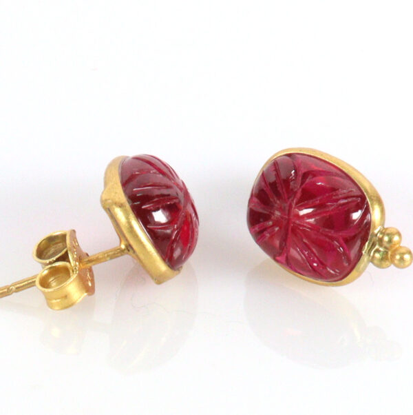 Red carved stone Gold plated stud earrings - Image 2