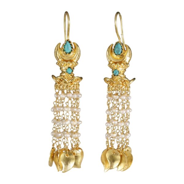 Turquoise & pearls chain Gold plated earrings - Image 1