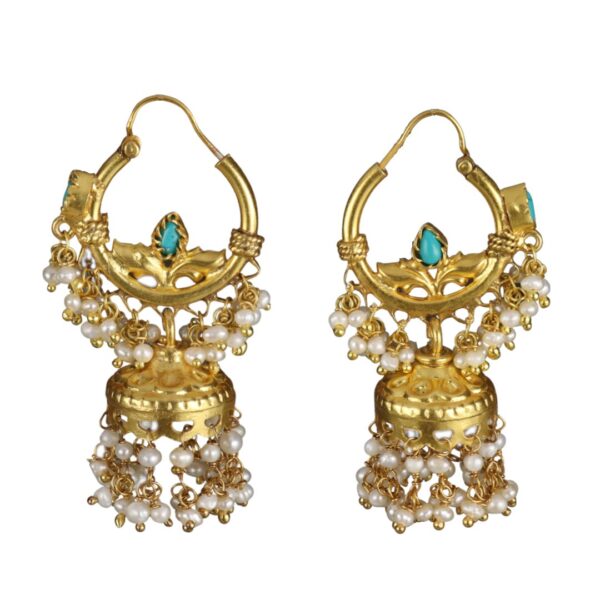 Turquoise & pearls Gold plated jhumka earrings - Image 1