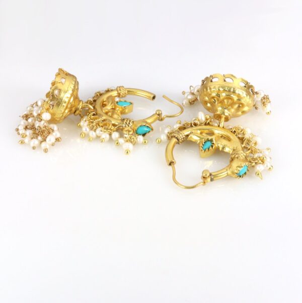 Turquoise & pearls Gold plated jhumka earrings - Image 2