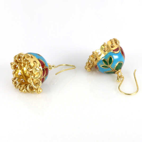 Red Blue Green Enamel Gold plated Jhumka earrings - Image 2