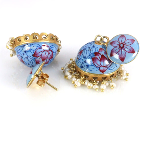 Large Blue Enamel Gold plated Jhumka earrings - Image 2