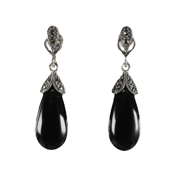 Long Black onyx Drop Mercasite Earrings - Image 1