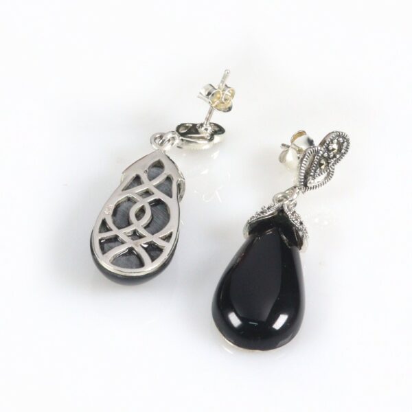Long Black onyx Drop Mercasite Earrings - Image 2