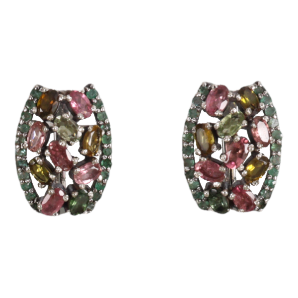 Multi coloured Tourmaline & Emeralds Hoop style earrings - Image 1
