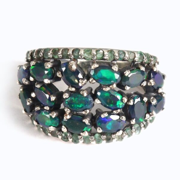Contemporary Black Opal & Emerald Silver Ring - Image 2
