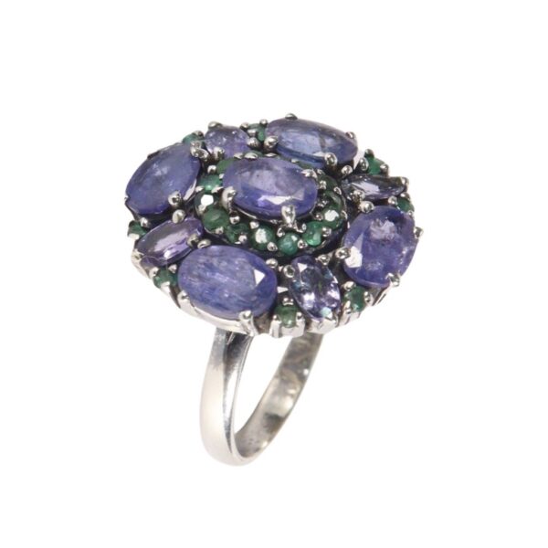 Round Tanzanite & Emerald Silver Ring - Image 1