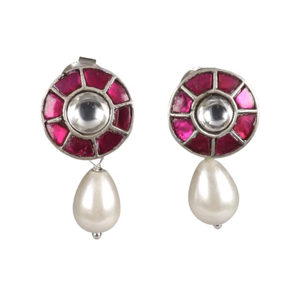 Jadau Round Stud Earrings with Pearl Drops - Image 1