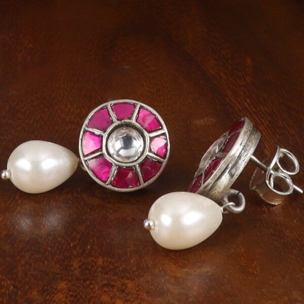 Jadau Round Stud Earrings with Pearl Drops - Image 2