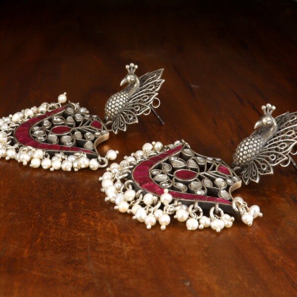 Large Jadau Peacock Earrings - Image 2