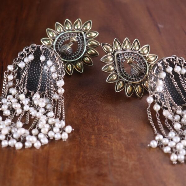 Large Dual tone Peacock Jhumka Earrings - Image 2