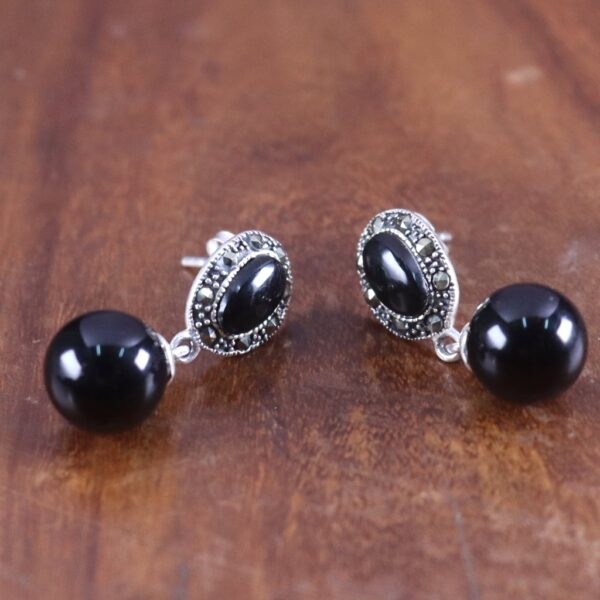 Black Ony & Marcasite Earrings - Image 2