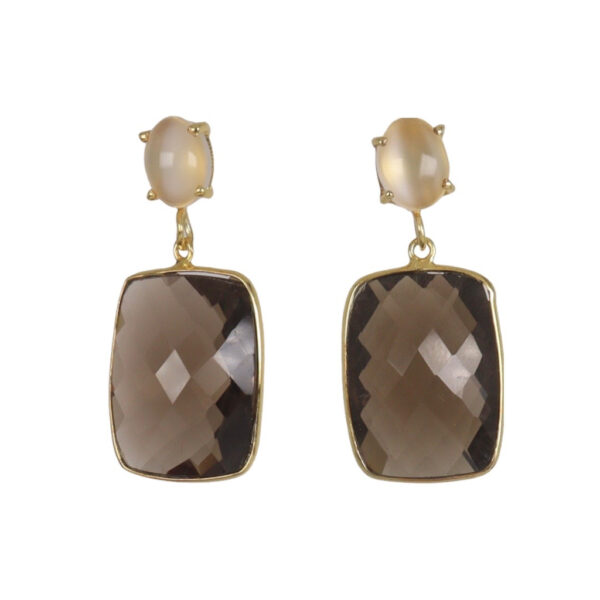 Chequered Smokey Topaz Gold plated earrings - Image 1