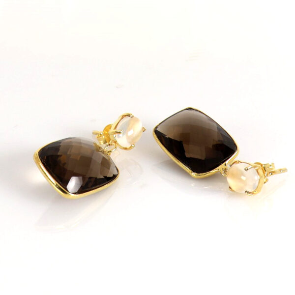 Chequered Smokey Topaz Gold plated earrings - Image 2