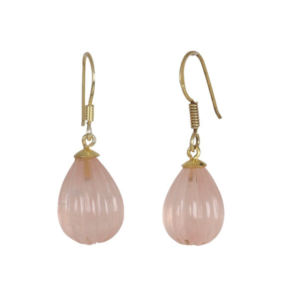Carved Pink Quartz Drops Gold plated earrings - Image 1