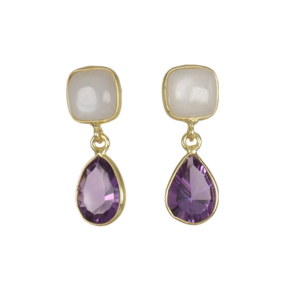 Rainbow Moonstone & Amethyst Drop Gold plated earrings - Image 1
