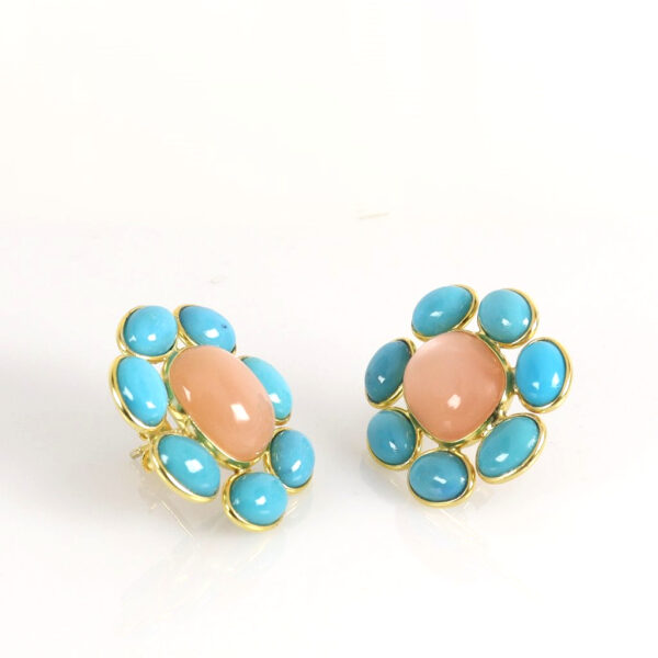 Peach Moonstone & Turquoise Gold plated Stud earrings - Image 2